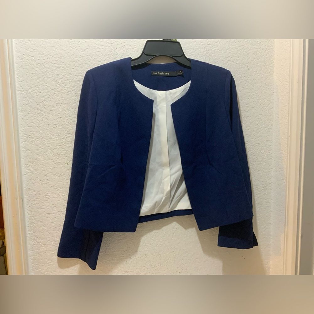 New Iris Setlakwe navy blue open Front Blazer Size 6 Career Workwear